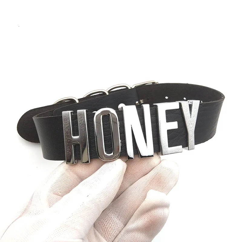 Goth Big Words HONEY Letter Necklace For Women Mens Fashion PU Leather Wide Choker Collar Party Jewelry Gifts Support Custom 240315
