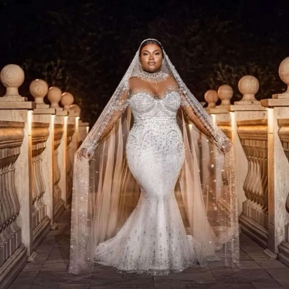 Ebi Arabic Aso Oct Plus Size Ivory Mermaid Wedding Dress Beaded Crystals Lace Bridal Gowns Dresses ZJ Es 6660306