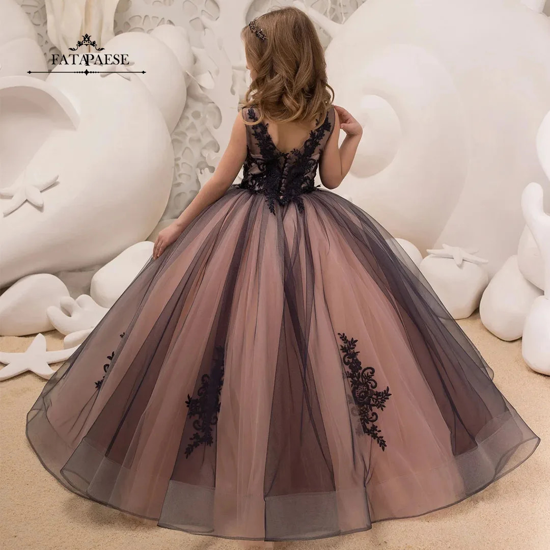 FATAPAESE Black Lace Tulle Formal Flower Girl Dress for Kids Special Occasion Bridesmaid Party Wedding Pageant Birthday Christma 240312