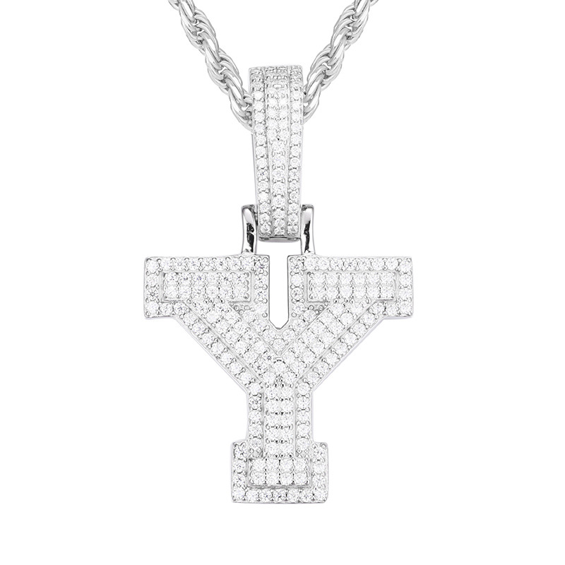 925 Sterling Silver Gold Plated Bling Moissanite A-Z Letter Pendant with 3mm 24inch Rope Chain Jewelry for Men Women Nice Gift