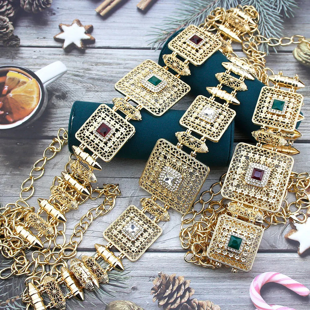 Sunspicems Chic Morocco Caftan Waist Belt Chain Gold Color Arabic Women Dress Body Bride Jewelry Adjustable Length 240311