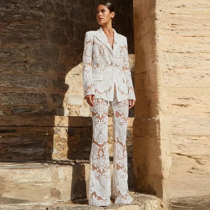Womens Two Piece Pants Handmade Mesh Embroidered Sequin Set White Designer Suit Coat And Pieces Blazer Punk AAA Discount for in-store purchases