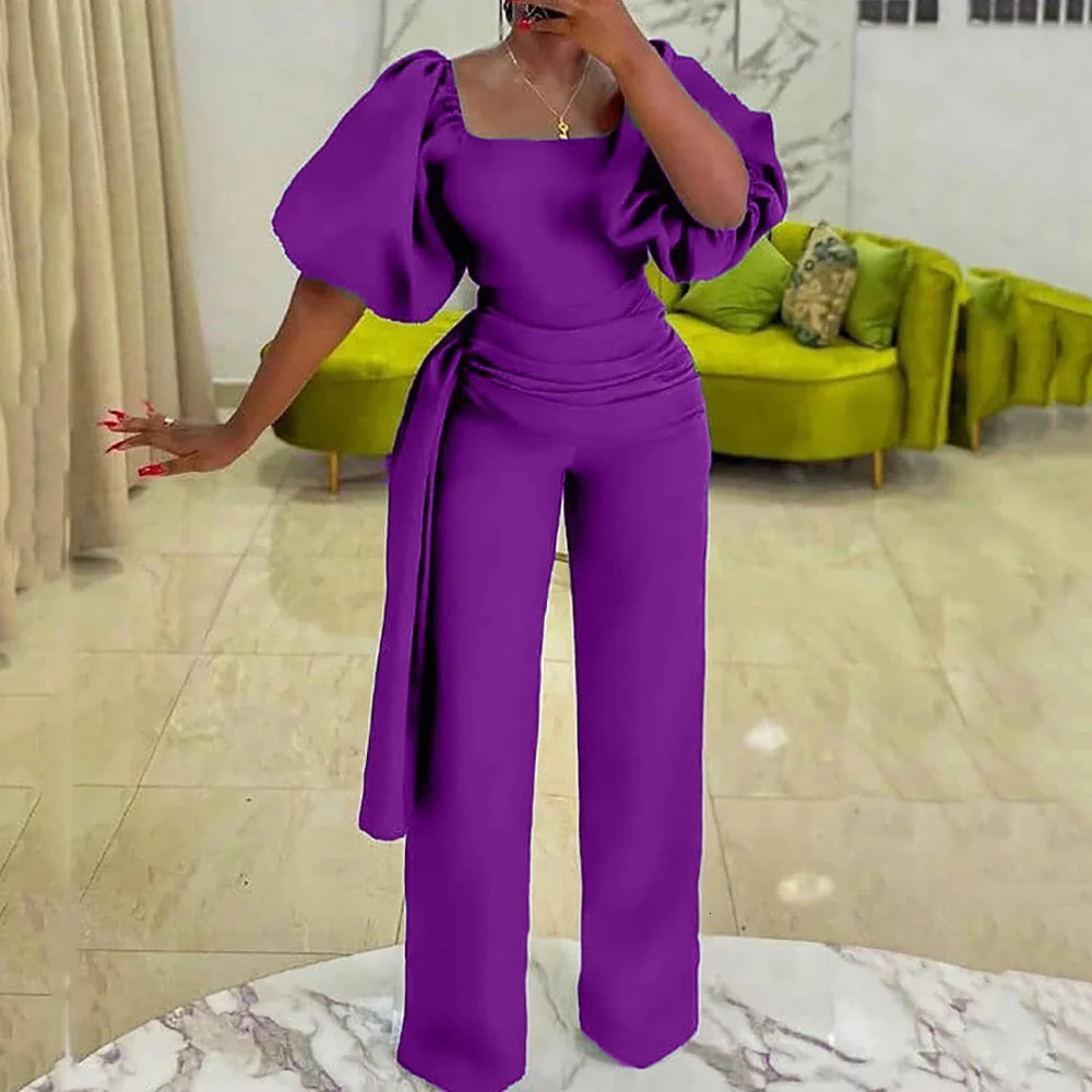 Elegant Jumpsuits Rompers for Women Square Neck Lantern Sleeve High Waisted Solid Straight Female Birthday Party Dinner Outfit 240315