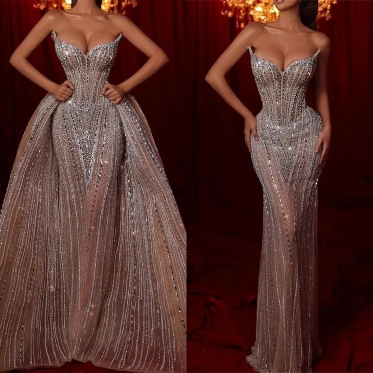 Wedding Glamorous Mermaid Dresses Crystal Beaded Bridal Gowns With Overskirts Slim Illusion Custom Made Sleeveless Vestidos De Novia