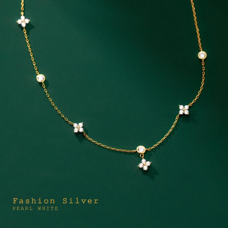 S925 Sterling Silver Jewelry Zircon Clover Pendant Necklace Fourleaf Gold Plated Chain Necklace Z250910