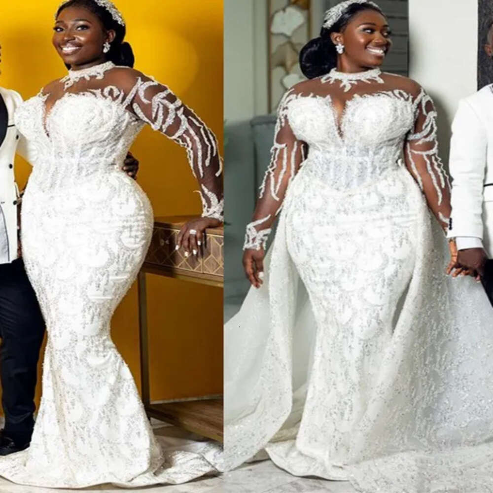 Ebi Oct Arabic Aso Sequined Lace Mermaid Wedding Dress White Detachable Train Bridal Gowns Dresses