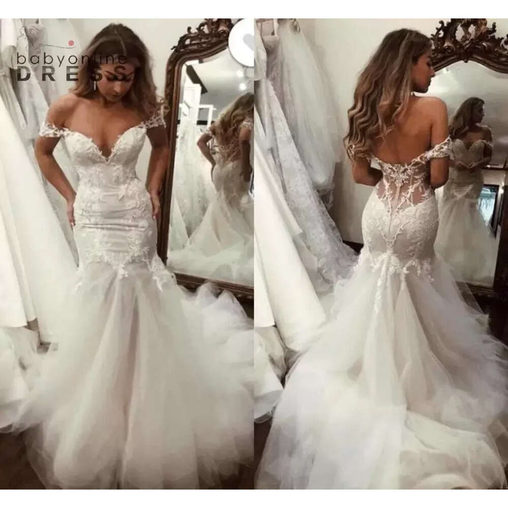 Mermaid Gorgeous Dresses Lace Sexy Off Shoulder Backless Appliqued Ruched Long Tulle Bridal Wedding Gowns BC