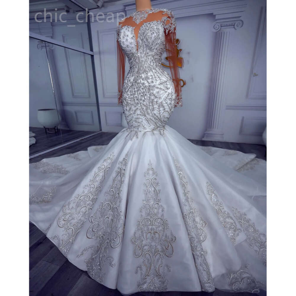 Plus Ebi Arabic Aso Size Ivory Mermaid Wedding Dress Beaded Crystals Lace Sheer Neck Bridal Gowns Dresses ZJ Es 6660306