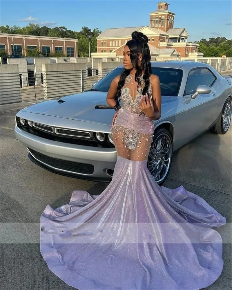 Sparkly Lilac Long Prom Dress 2024 Beads Crystals Rhinestones Court Train Glitter Birthday Party Gown S Robe 0431