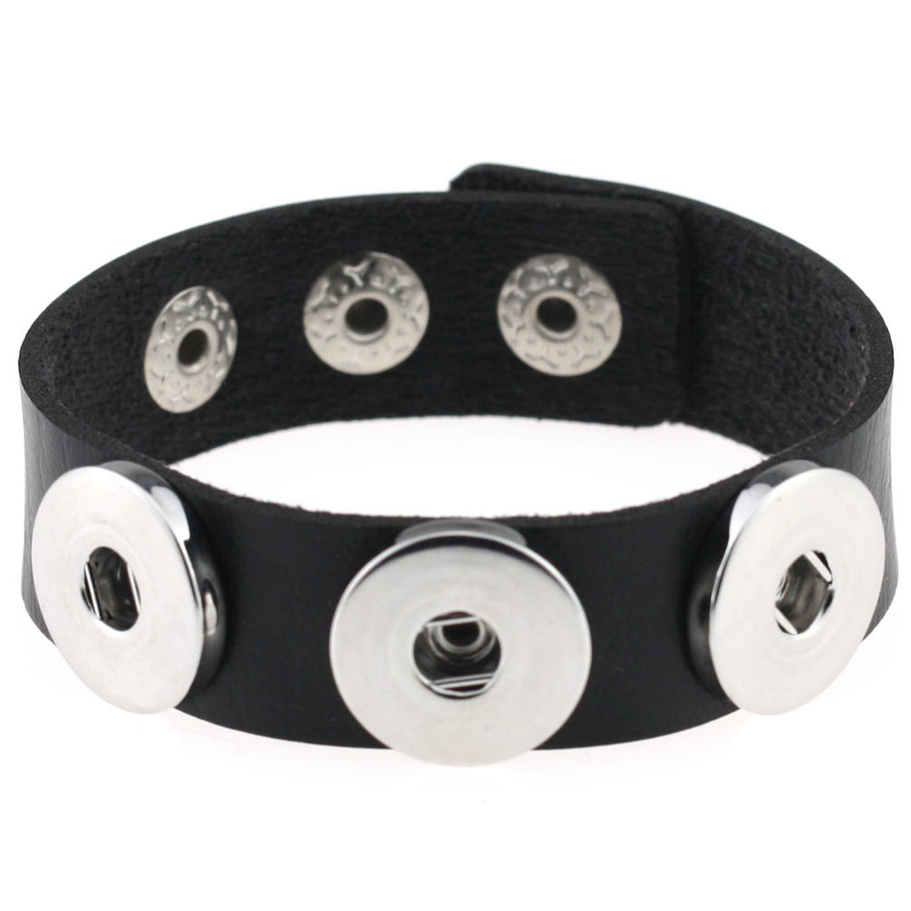 Simple Black Brown Leather 18mm Metal Snap Button Bracelets for Women Men Jewelry