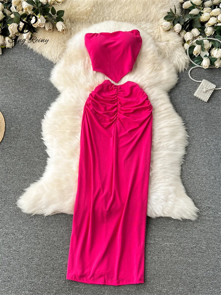 SINGREINY American sweet Beach Suits 2024 Women Strapless Mini CamisFolds Elastic Slim Skirt Streetwear Sexy Two Pieces Sets 240315