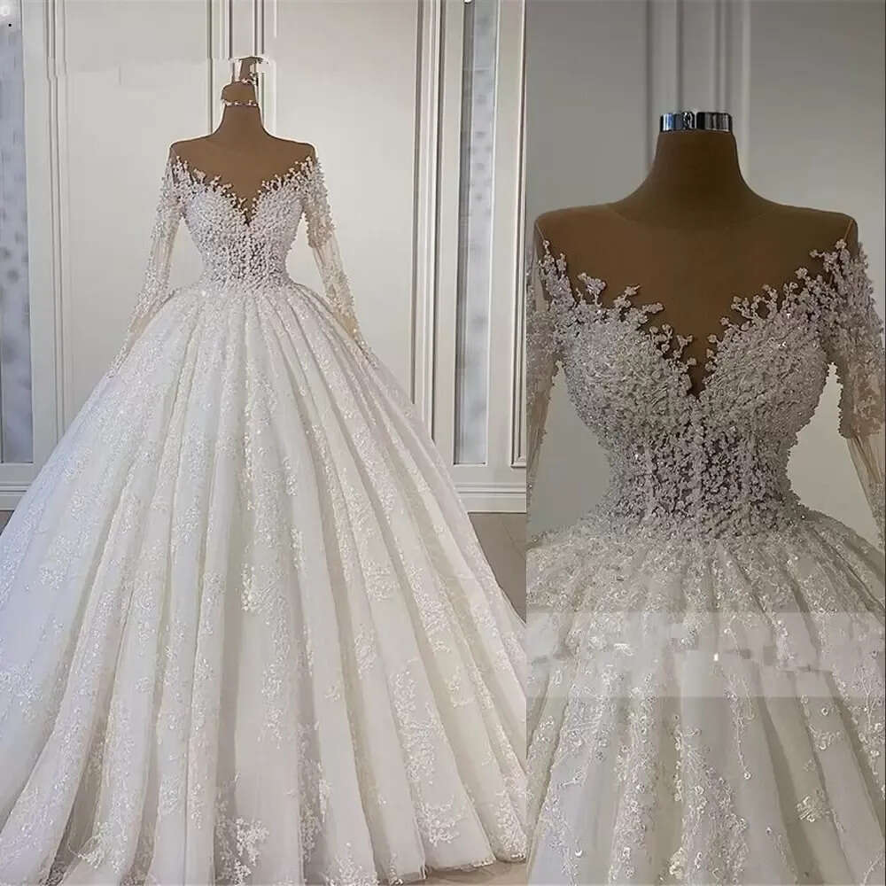 2022 Bling Ball Gown Wedding Dresses Bridal Gowns Lace Appliques Jewel Neck Long Sleeves Illusion Crystal Beading Floor Length Vestidos De Novia Plus 