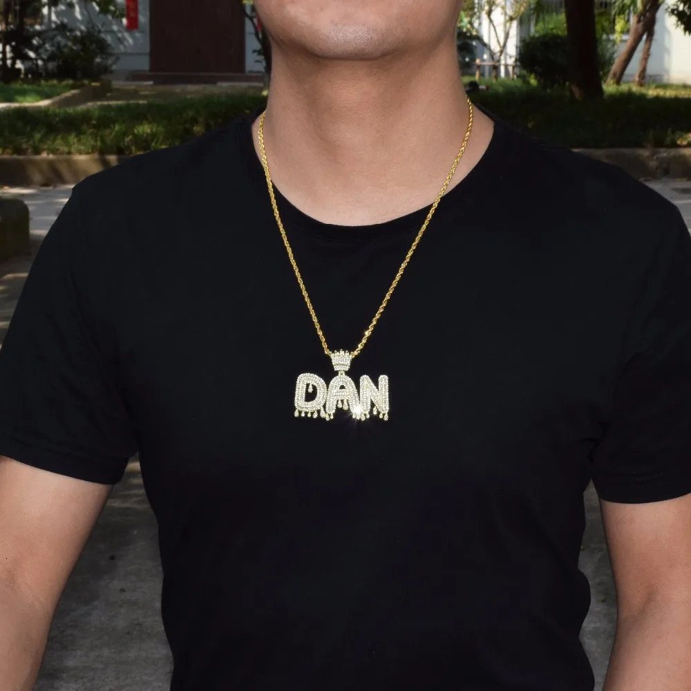 Bubble Letter Custom Name Necklace for Men Personalized Pendant Crown Drippy Charms Cubic Zircon Hip Hop Jewelry Iced Out 240309