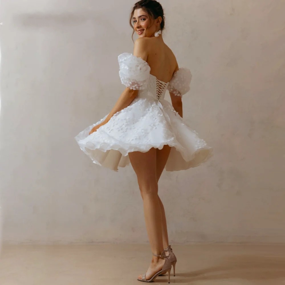 2024 Lace Mini Short Wedding Dress Lace Up Puffy Puff Sleeves Square Neck Bridal Party Gowns A Line Backless Vestido De Novia