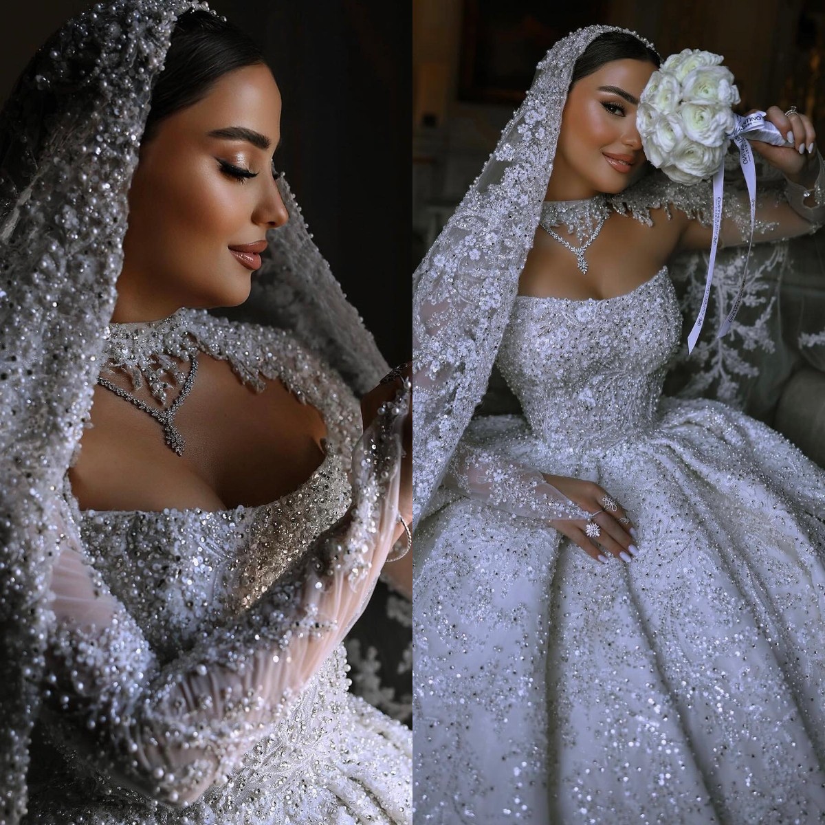 Crystal Ball Vintage Gown Dress For Bride Pearls Beading Lace Wedding Dresses Strapless Vestido De Noiva Dubai Saudi Arabic Robe Mariage Bridal Gowns 