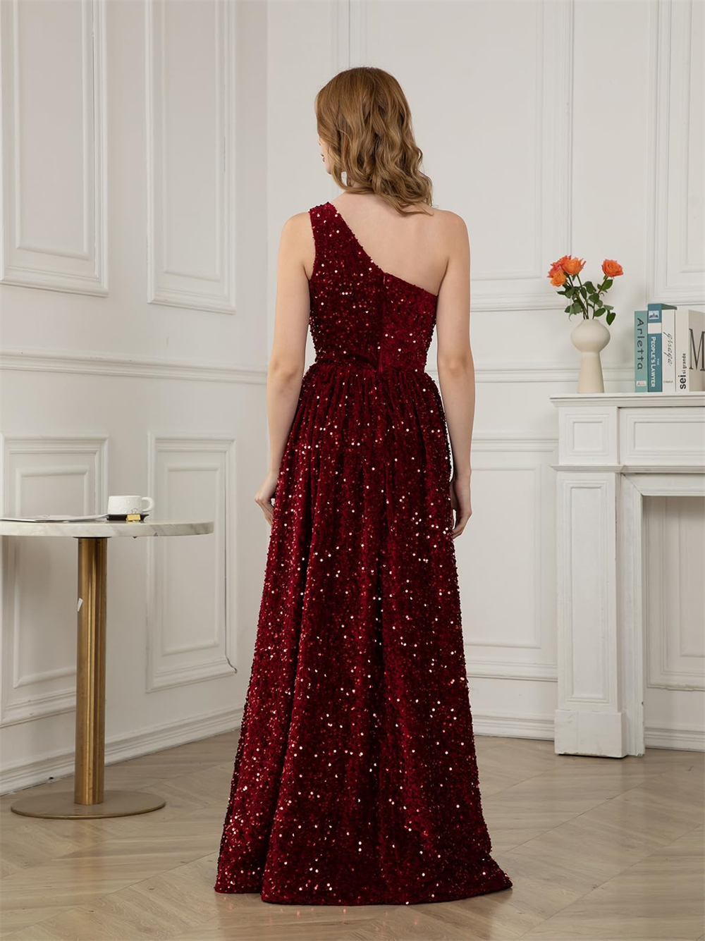 One-Shoulder Long Prom Dresses Sequins A-Line Plus Size Floor-Length Formal Occasion Evening Party Gown Pd04