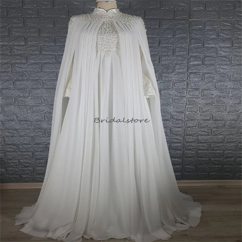 Luxury Beaded Muslim Wedding Dresses Dubai Arabic Long Sleeve Islamic Hispanic Country Bridal Dress 2024 Kaftan Chiffon Vestido Novia Appliques Lace c