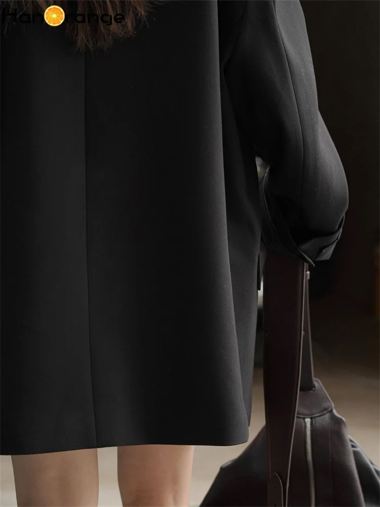 HanOrange Spring Fashion Retro Wide Shoulder Double Breasted Suit Coat Women 3D Straight Blazer BlackOat 240321