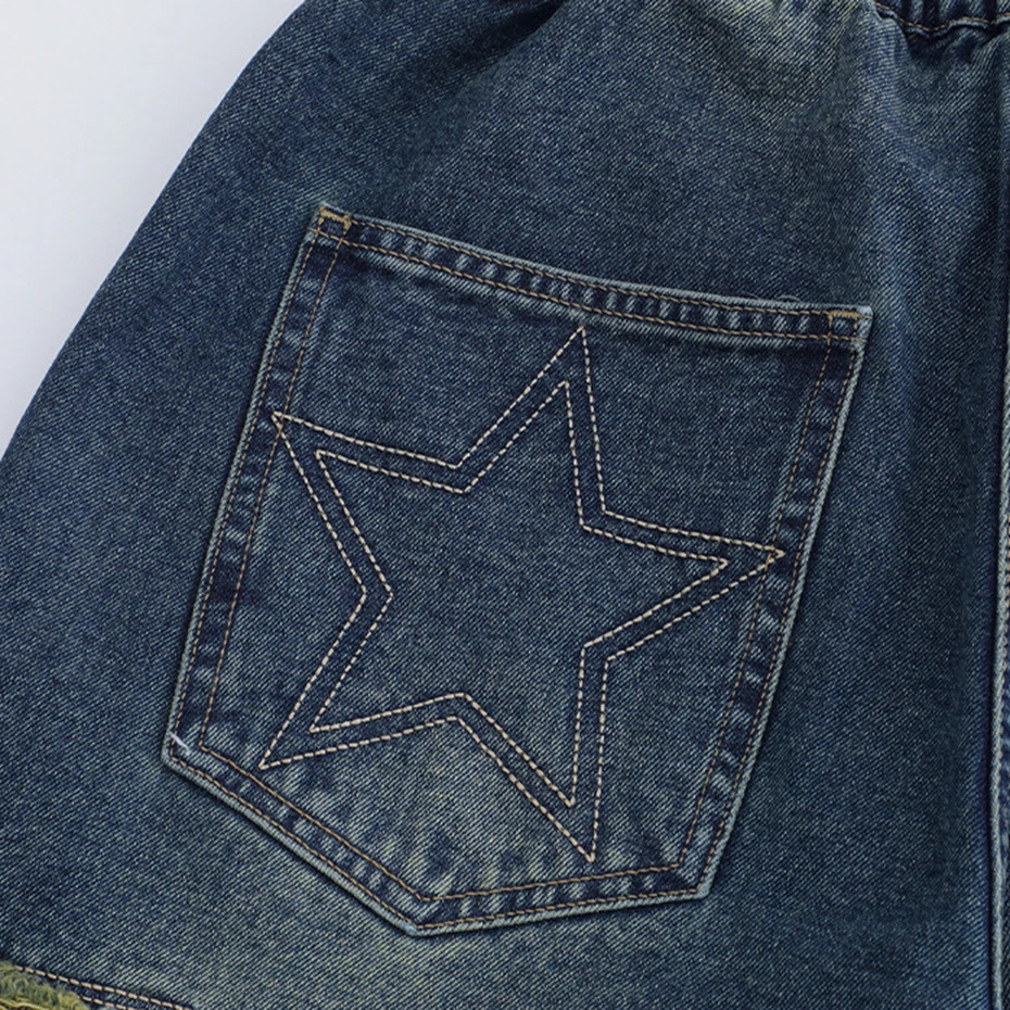 Retro Star Splicing Denim Shorts Men Summer Harajuku Streetwear Jeans Shorts Fashion Casual Loose Blue Denim Shorts Unisex 240319