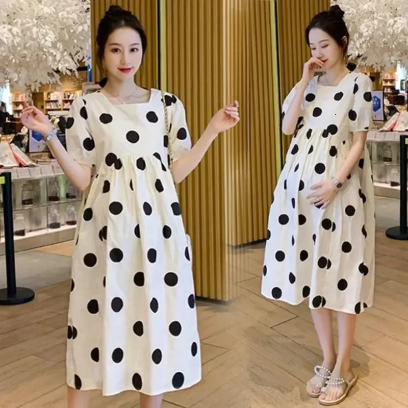 Summer Korean Fashion Polka Dot Printed Maternity Long Dress Casual A Line Loose Clothes for Pregnant Women Pregnancy Vestidos 240309