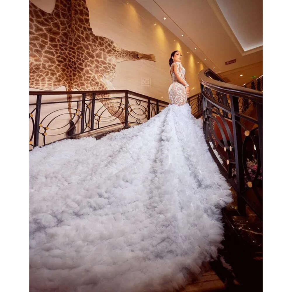 Aso Oct Ebi Arabic Plus Size Ivory Mermaid Wedding Dress For Bride Beaded Lace Tiers Tulle Bridal Gowns Dresses ZJ Es 0505
