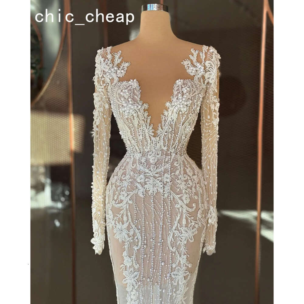 Aso Plus Arabic Ebi Size White Mermaid Lace Wedding Dress Pearls See Through Vintage Bridal Gowns Dresses ZJ Es