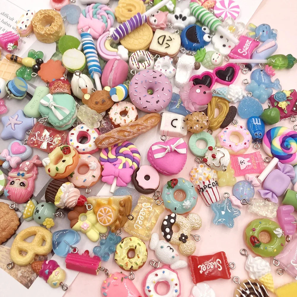 100Pcs Mixed Candy Cookies Donuts Luck Bags Resin Charms Flat back Cabochon for Necklace Earrings Jewelry Making Accessories 240309