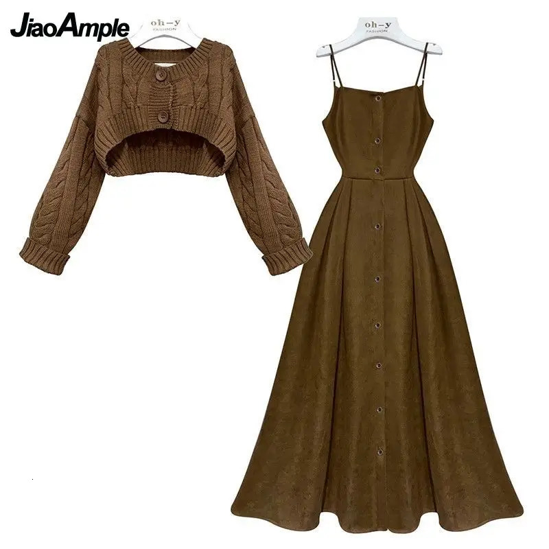 Autumn and Winter Dress Suit Womens Fashion Shorts Knitted Sweatersuspender Skirt Twopiece Korean Elegant Casual Set 240323