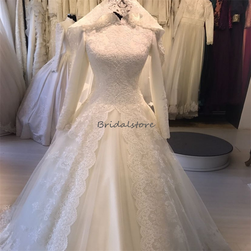 Elegant Muslimah Wedding Dresses 2024 Appliques Lace Long Sleeve Bridal Dresst Ball Gown Garden Country Bride Dress Islamic Muslim Church Novia Robe D