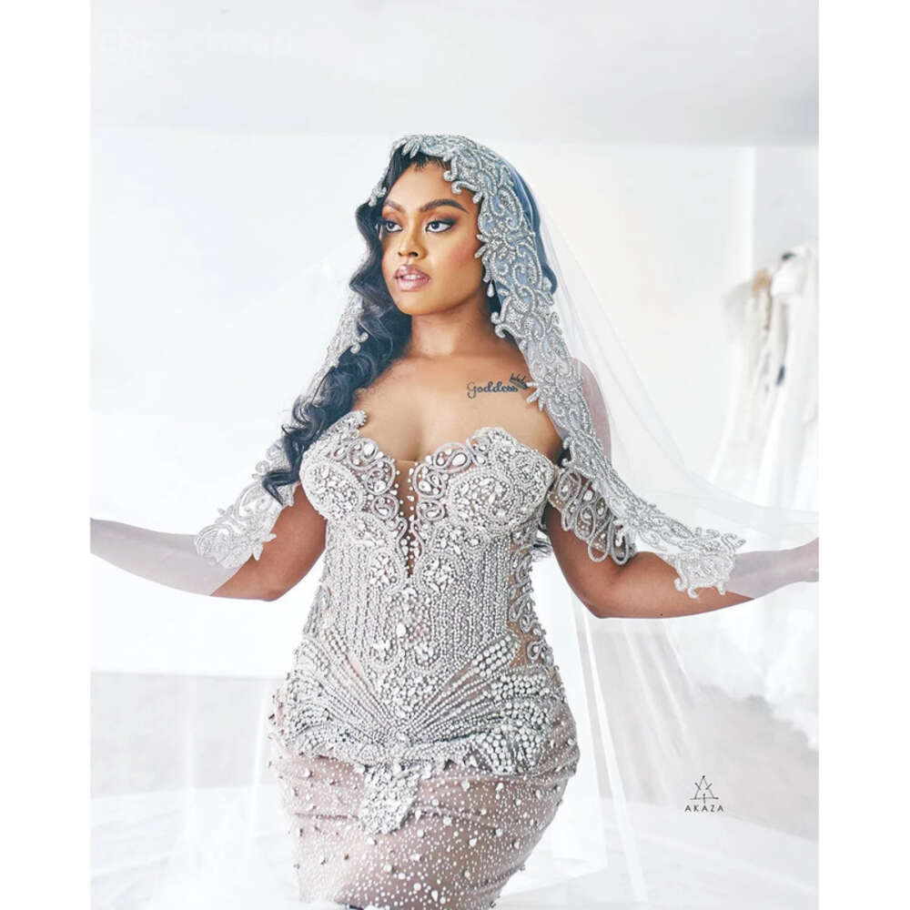 Plus Arabic Aso Ebi Size Urious Mermaid Wedding Dress Beaded Crystals Tulle Detachable Train Tiers Bridal Gowns Dresses ZJ Es 0618