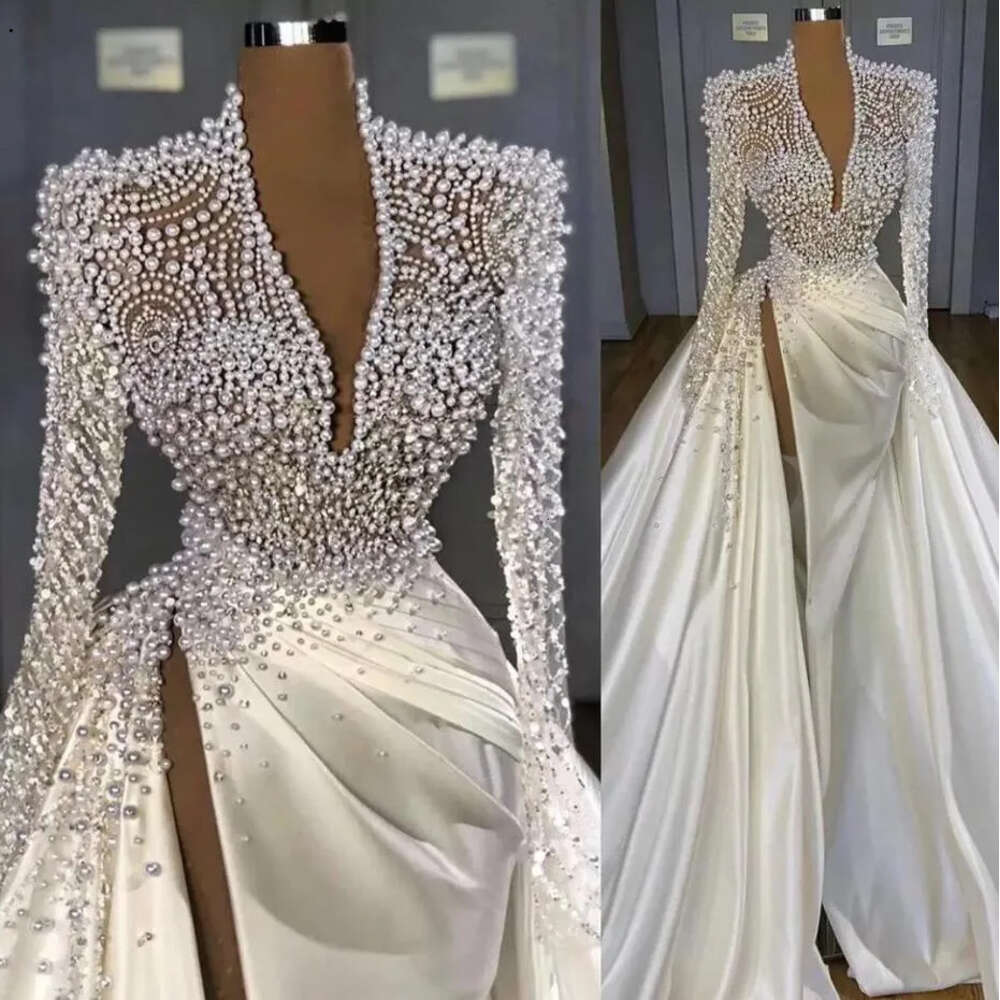Pearls Beaded Mermaid Dresses With Overskirt High Split Deep V Neck Long Sleeves Satin Ruched Pleats Custom Made Wedding Gown Bes121