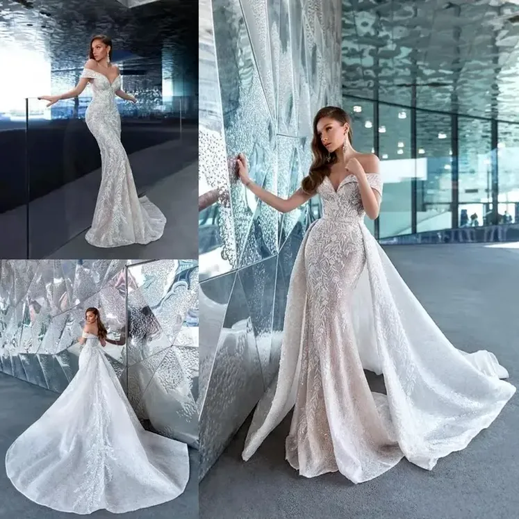 Vintage Lace Mermaid Wedding Dress With Detachable Train Off The Shoulder Appliqued Bridal Gowns Arabic Aso Ebi Vestido De Novia Plus Size Trumpet Bc1