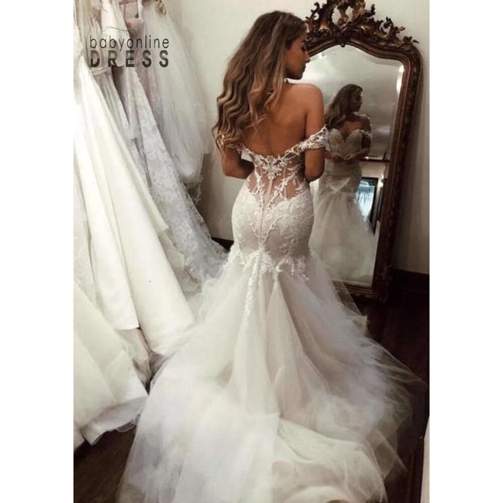 Mermaid Gorgeous Dresses Lace Sexy Off Shoulder Backless Appliqued Ruched Long Tulle Bridal Wedding Gowns BC