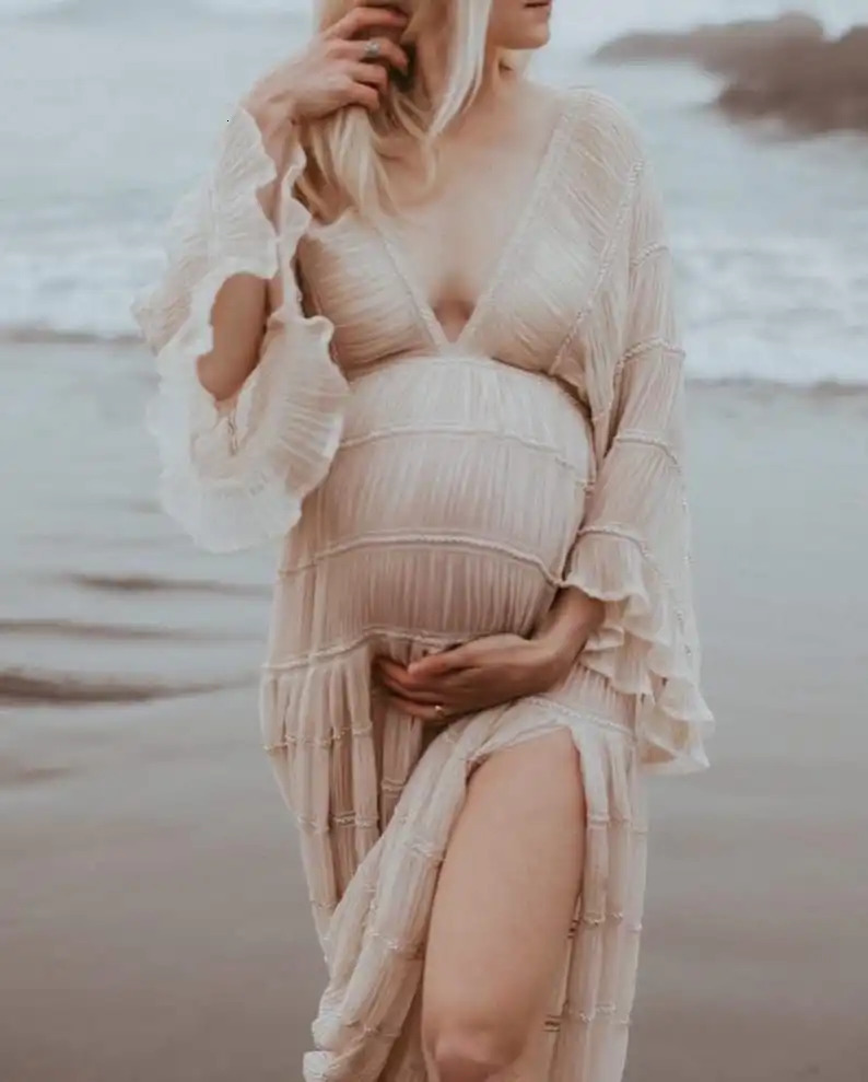 Lace Maternity Pography Props Long Maxi Dresses Baby Shower Pregnancy Po Shoot V Neck Chiffon Ruffle Bridal Gown Wedding 240315