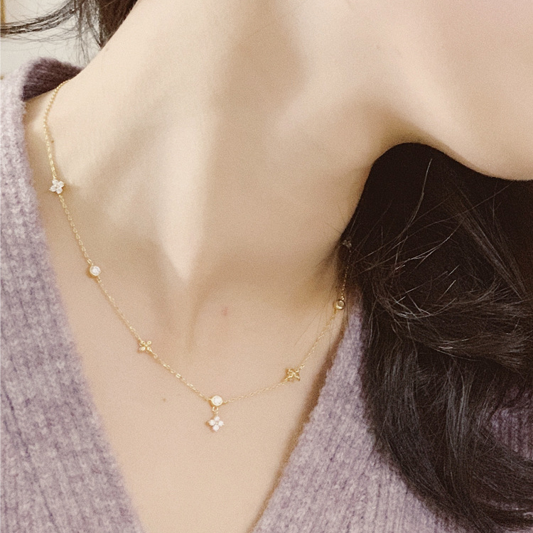 S925 Sterling Silver Jewelry Zircon Clover Pendant Necklace Fourleaf Gold Plated Chain Necklace Z250910