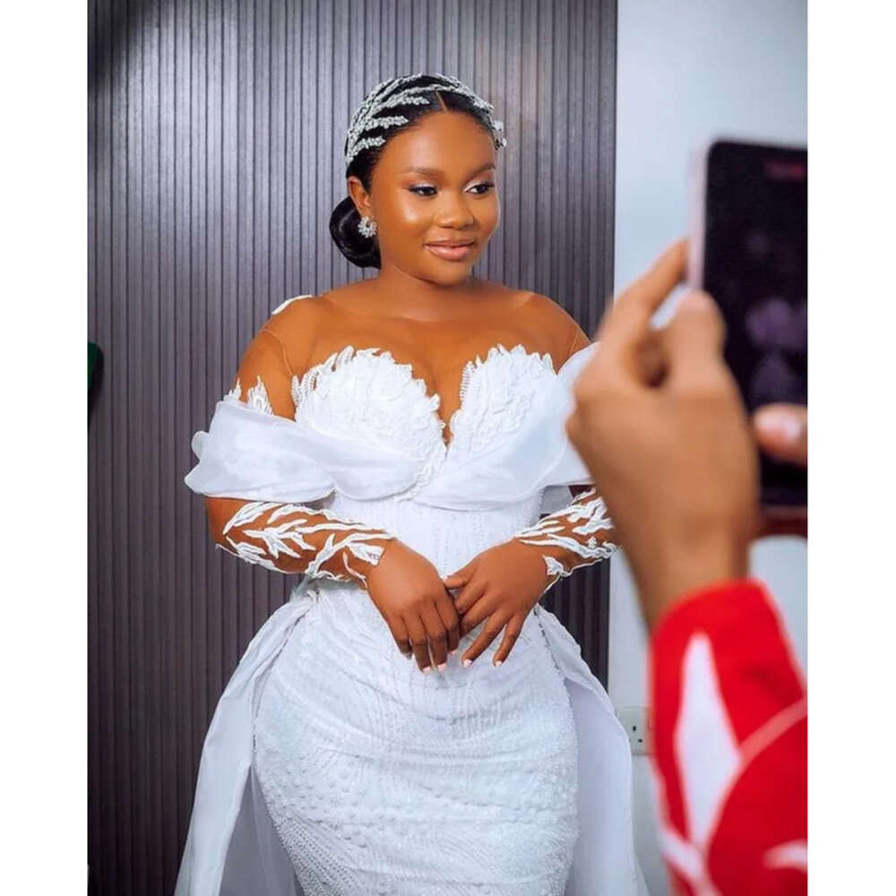 Oct Arabic Ebi Aso Plus Size White Mermaid Wedding Dress Sequined Lace Detachable Train Bridal Gowns Dresses ZJ Es