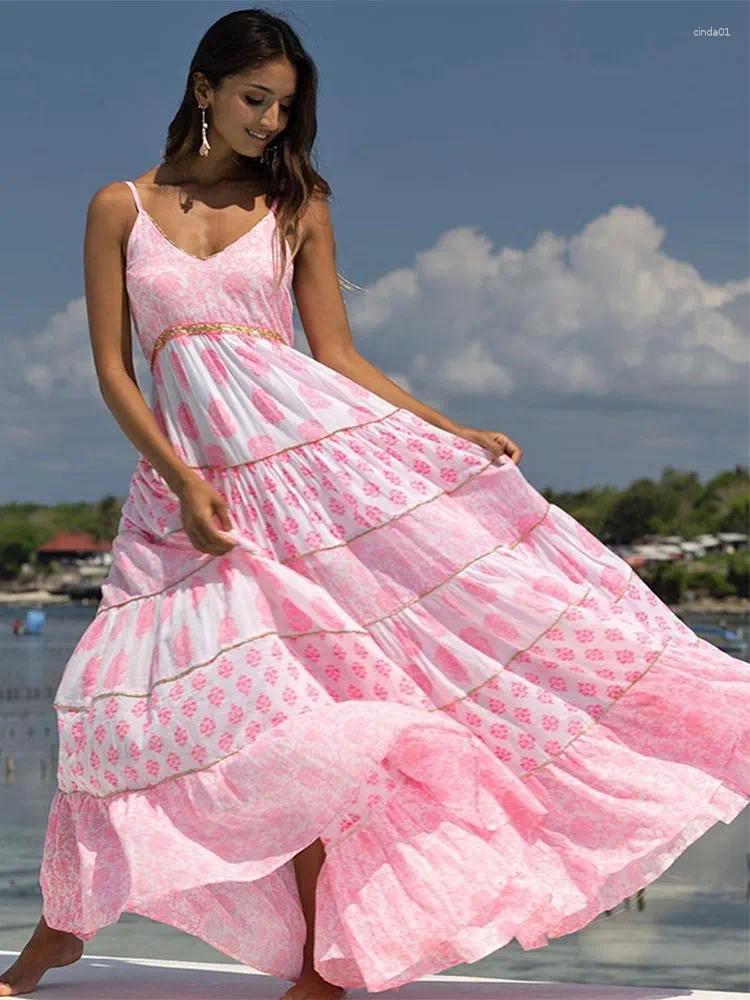 Casual Dresses Print Ruffles Oversized Hem Women Dress Fashion Loose Long Backless Sling Vestidos Spring Summer Beach Female Robe AA Discount for in-s