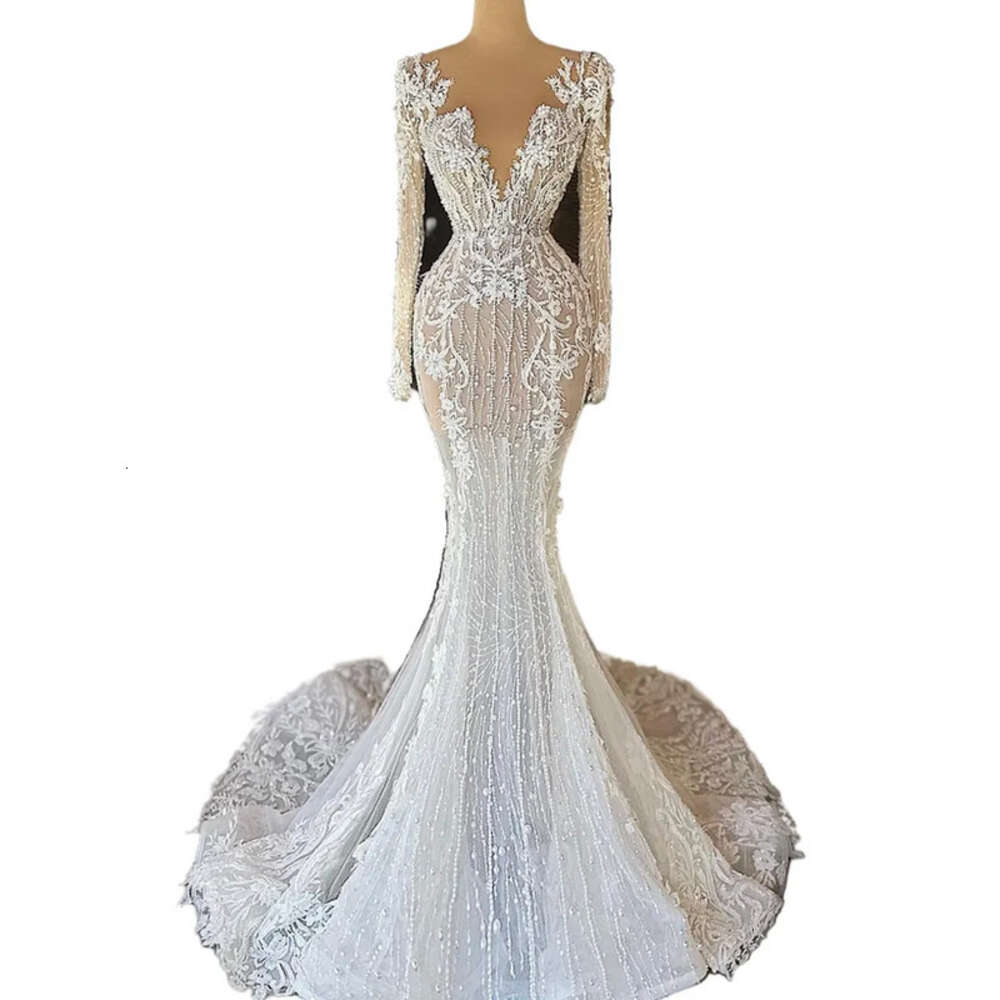 Aso Plus Arabic Ebi Size White Mermaid Lace Wedding Dress Pearls See Through Vintage Bridal Gowns Dresses