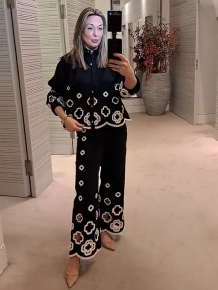 elegant flower hollow out Womens 2piece set chic lapel lantern sleeves shirt loose pants suit spring lady high streetwear 240321