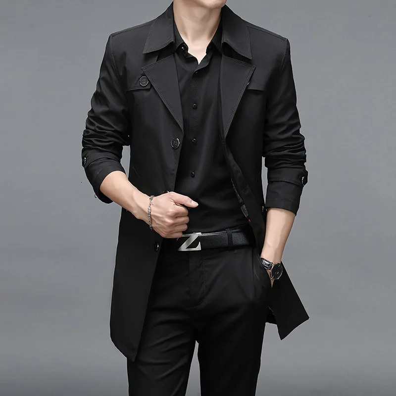 Spring Autumn Long Trench Men Fashion Business Casual Windbreaker Coat Mens Solid Single Breasted Trench Outerwear Plus Size 8Xl 240408