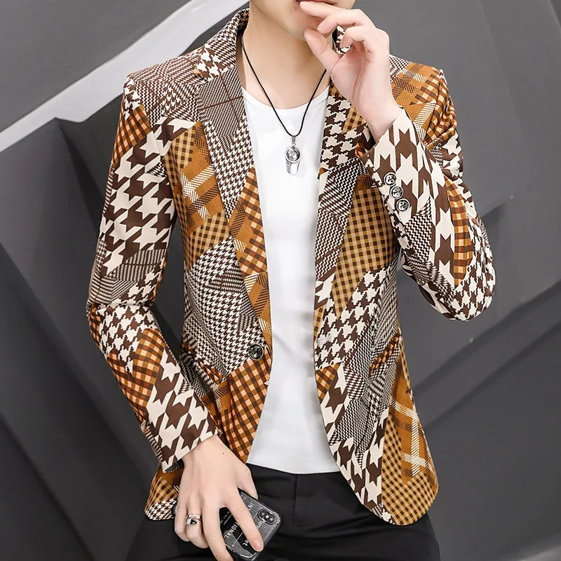 Men Plaid Print Blazer Spring Korean Fashion Casual Slim Suit Jacket Wedding Business Party Streetwear Male Clothing 240318