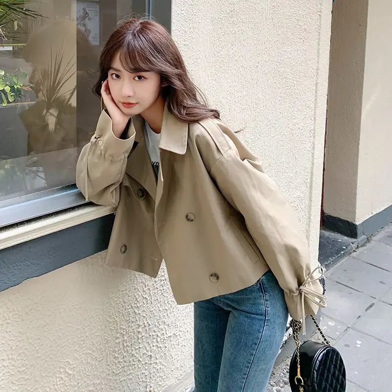 Cropped Trench Women Coats Elegant Baggy Temper S-3XL Vintage Notched Double Breasted Windproof Long Sleeve Spring Kpop Fashion 240312