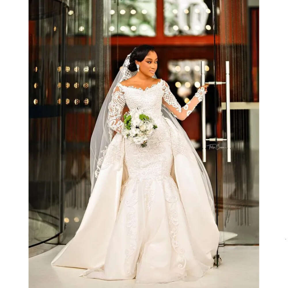 Ebi Arabic Aso Oct Plus Size Ivory Mermaid Wedding Dress Lace Long Sleeves Bridal Gowns Dresses ZJ Es 0228Lz