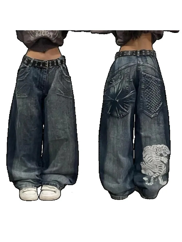 Gothic Y2K Baggy Jeans for Women Hip Hop Streetwear Blue Jeans Women Graphic Retro Jeans 90s Pants Harajuku High Waist Trouser 240315