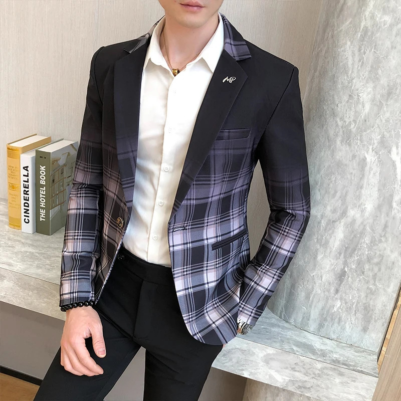 Spring Colorblock Plaid Blazer Men Slim Casual Man Blazers Wedding Business Party Clothing Dress Coat Blazer M-3XL 240315