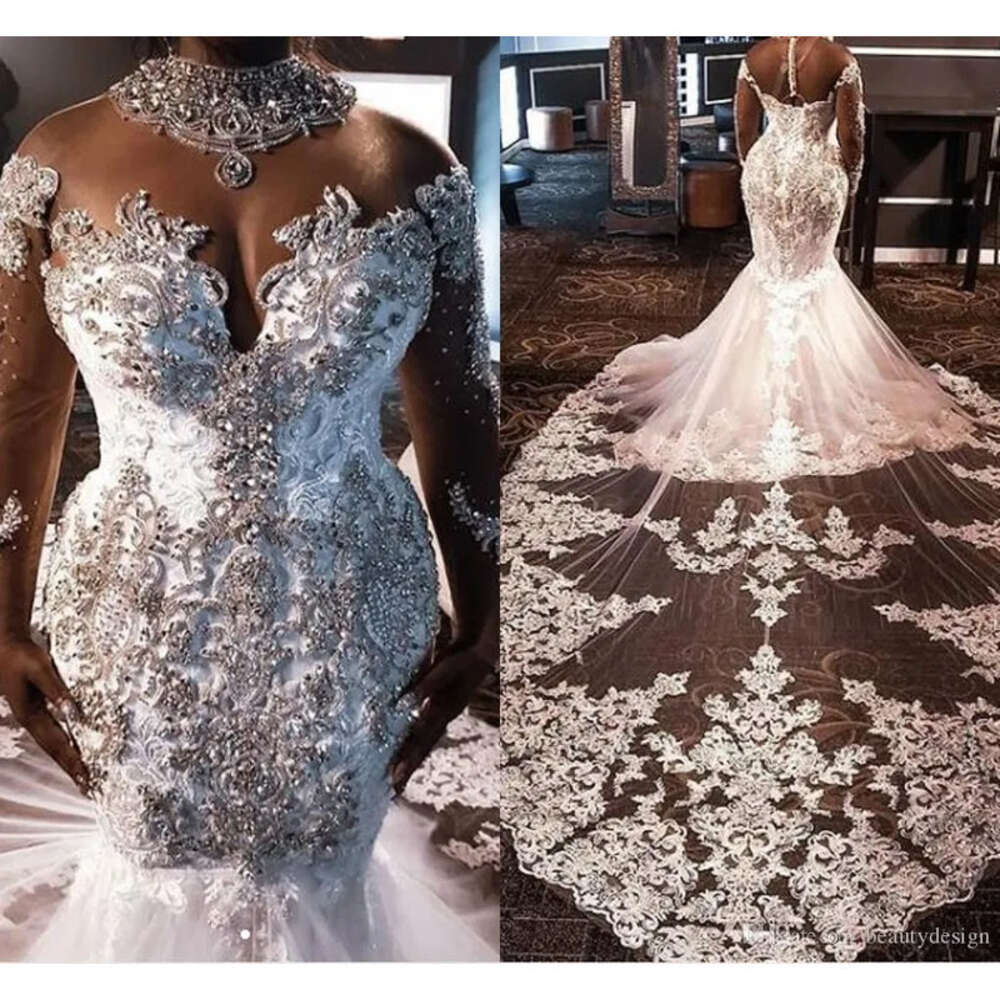 Wedding African Mermaid South Dresses Lace Crystals Beading Long Sleeves Bridal Gown High Neck Plus Size Vestiods CG