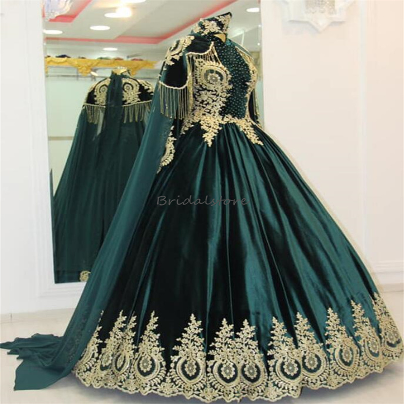 Luxury Green Red Muslimah Wedding Dress Turkish Islamic High Neck Muslim Bridal Gowns Beaded Gold Appliques Arabian Dubai Gothic Bride Dress Medieval 
