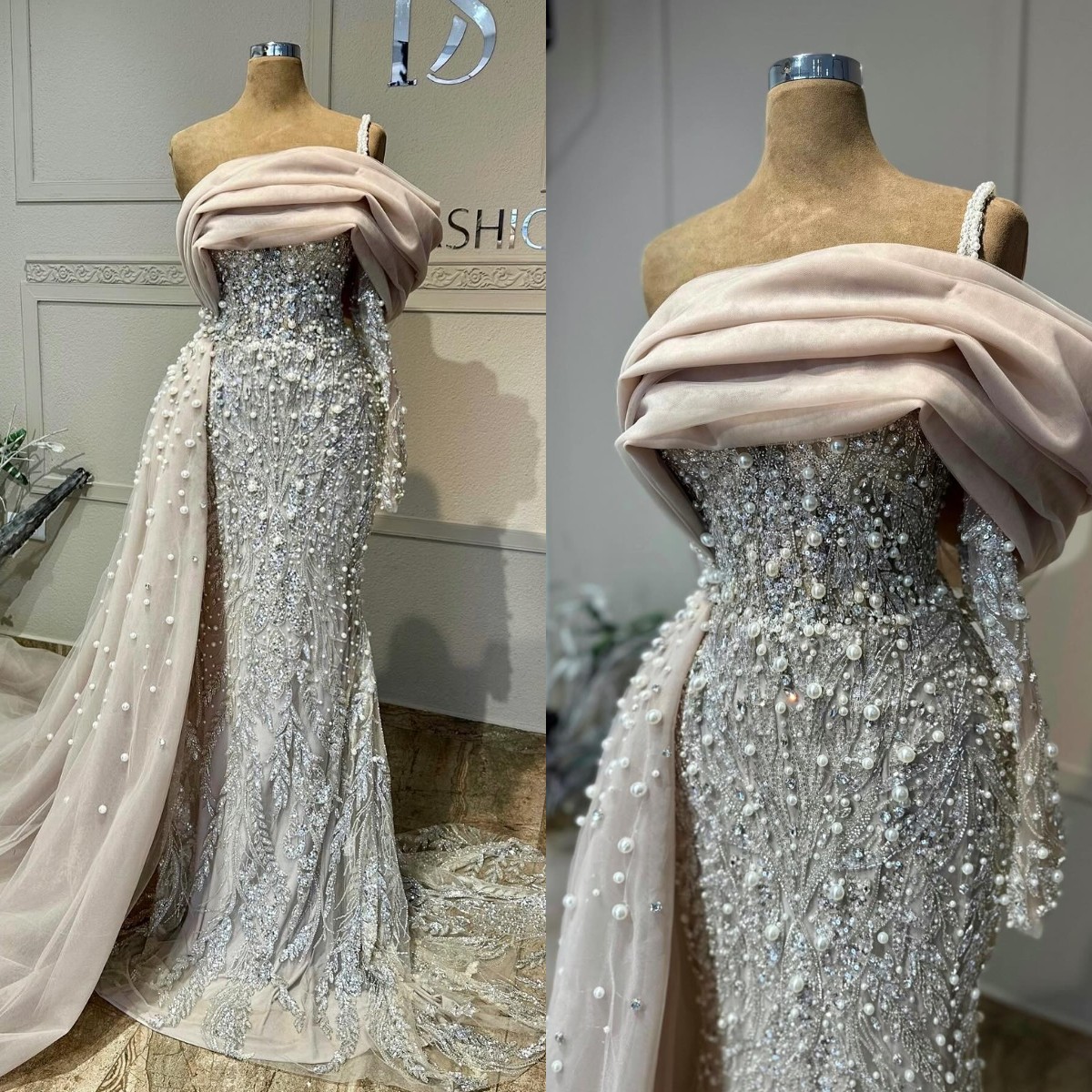 Pearls Mermaid Evening Elegant Sequins Crystal Long Sleeves Formal Party Prom Dress Pleats Sweep Train Dresses For Special Ocn 0228Lz