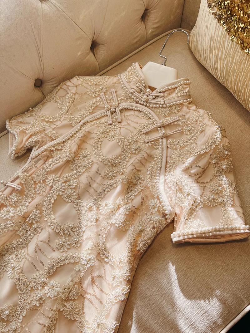 Spring Autumn Short Sleeve Haute Couture Applique Beading Buttons Dress Chinese Elegant Cheongsam Dress 21G241718