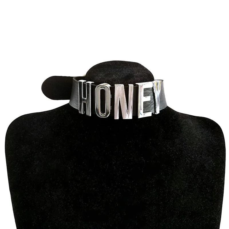 Goth Big Words HONEY Letter Necklace For Women Mens Fashion PU Leather Wide Choker Collar Party Jewelry Gifts Support Custom 240315